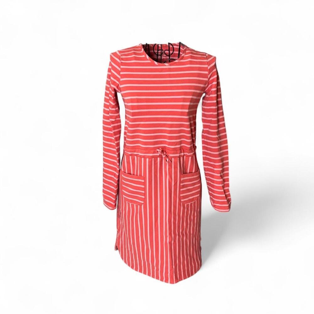 Green Cotton by Garnet Hill Kids XL Striped Long Sleeve Pocket Dress Coral/Pink